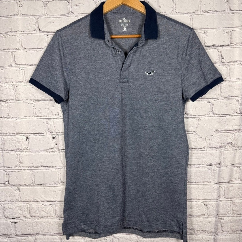 Hollister Mens Epic Flex Stretch Polo Shirt Small Navy Blue Short Sleeve Logo